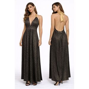 Coogi Black & Gold Halter Maxi Dress Size Large Logo Accent